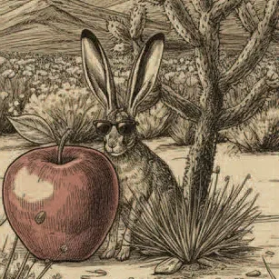 drawing of a jack rabbit wearing sunglasses in the desert with a jumping cholla cactus and an apple