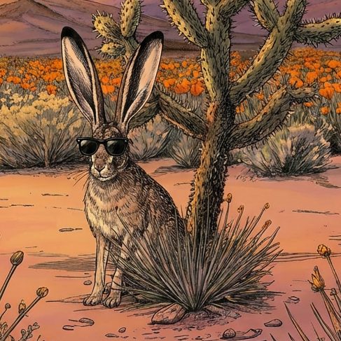 Hand drawing of a jack rabbit wearing sunglasses in a blooming desert