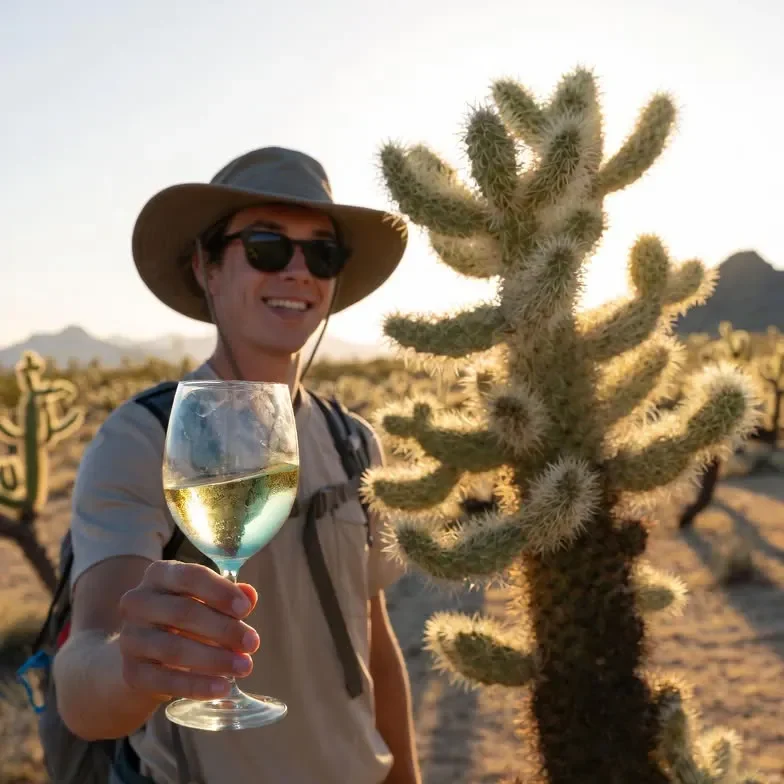 Man in hiking gear near a cholla cactus with Jumping Cholla Beverages white wine
